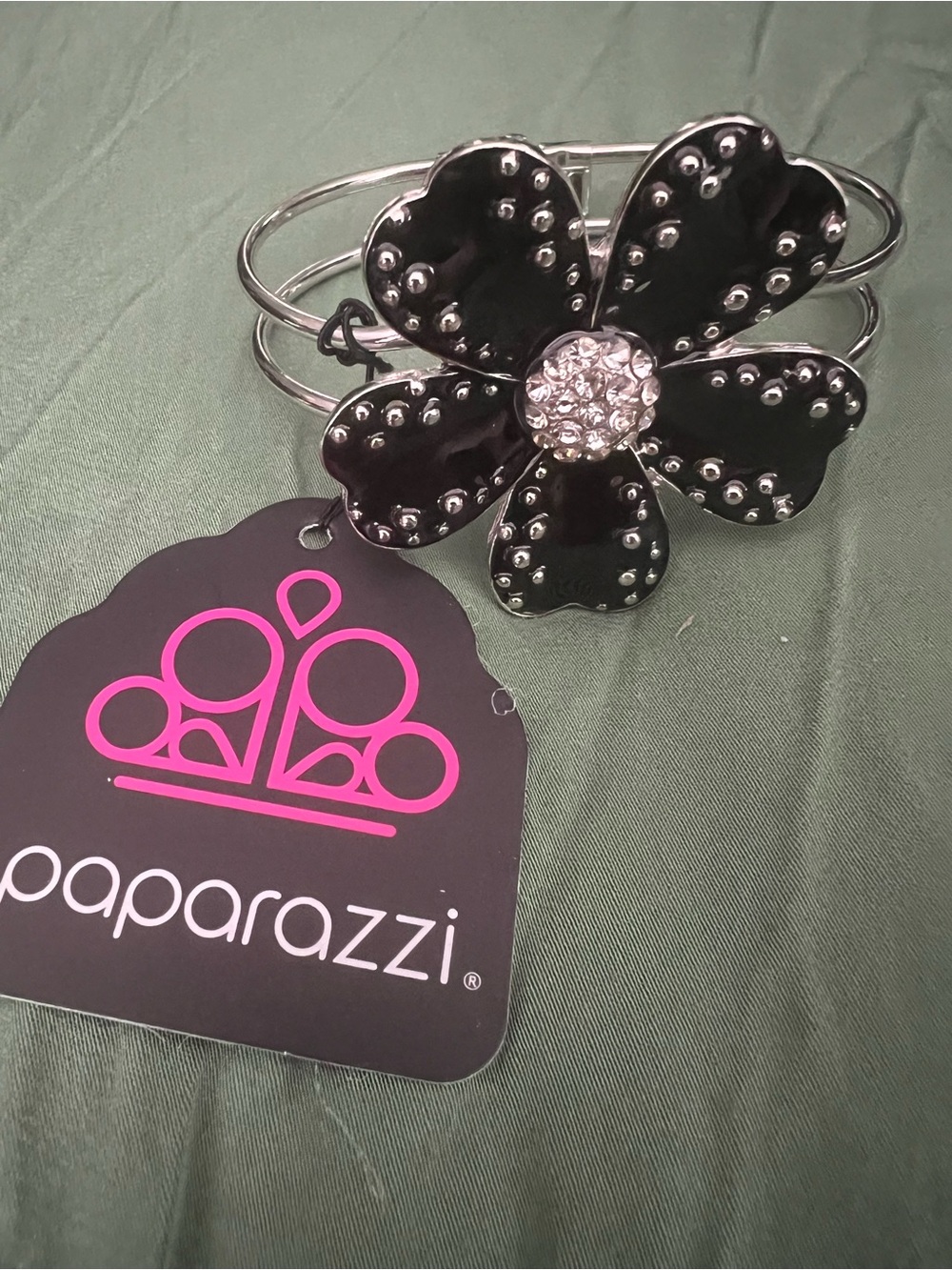 paparazzi Black Flower hinge Bangle with Sparkling Center